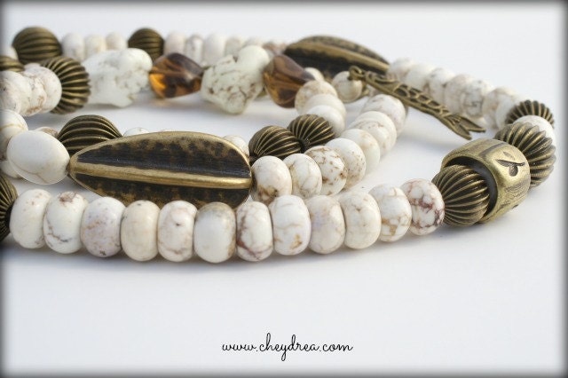 LONG NECKLACE, White Necklace, Rustic White Turquoise and Bronze Necklace by Cheydrea