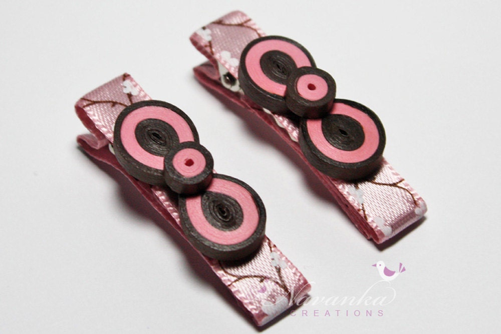 Pink and Brown  Alligator Hair Clips with Paper Quilling Accents