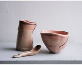 Tiny ceramic bowl, spoon and pouring vessel - rustic ceramic still life in coral pink - pastels