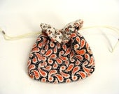 60s 70s reversible orange black paisley candy dot button candy drawstring bag purse beaded pouch
