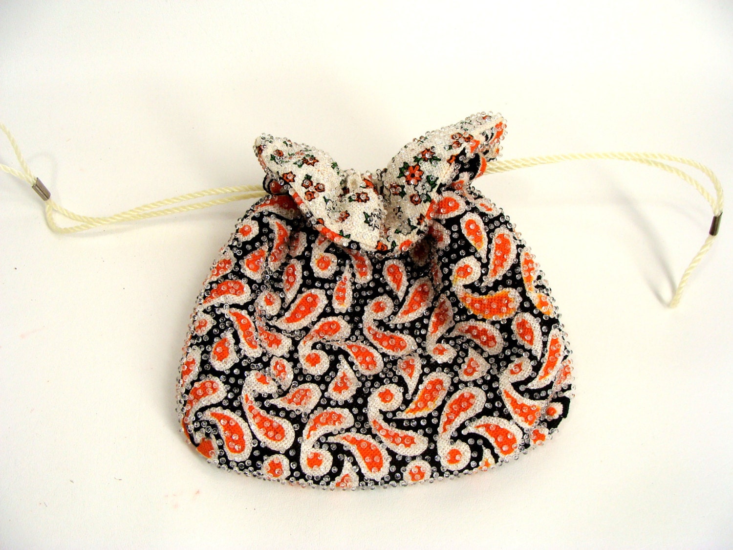 60s 70s reversible orange black paisley candy dot button candy drawstring bag purse beaded pouch