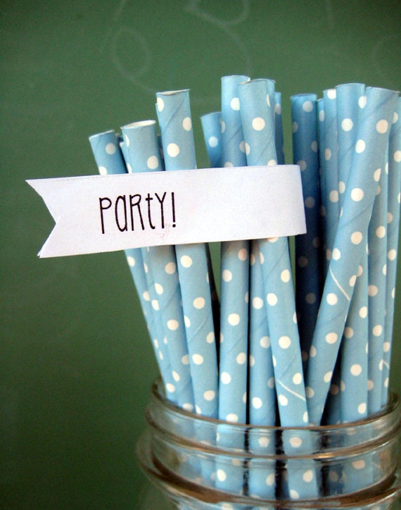 Light Blue Paper Straws - Set of 25 Polka Dot Straws With DIY Printable Straw Toppers