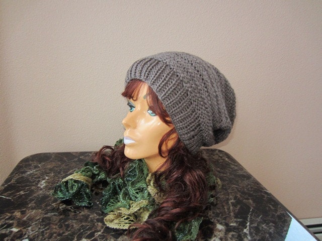 Slouchy Beanie Hat Knit Hat Oversized Baggy Beret Chunky Knit Taupe Gray Cold Weather Accessory