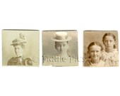 Antique Tiny Photos / Vintage Miniature Photos / Women Girls Victorian Hats Fashion