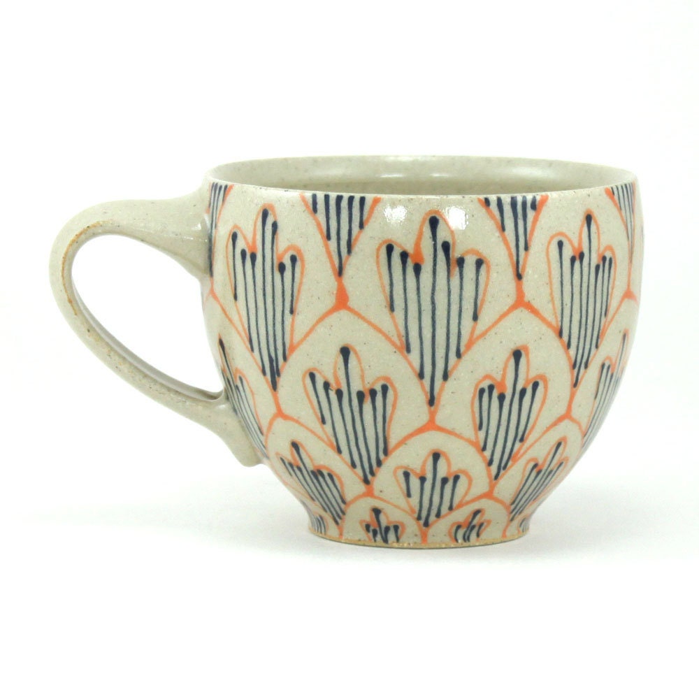 Wheel Thrown Ceramic Cappucino Mug - Coffee Cup with Orange and Navy Blue Pattern