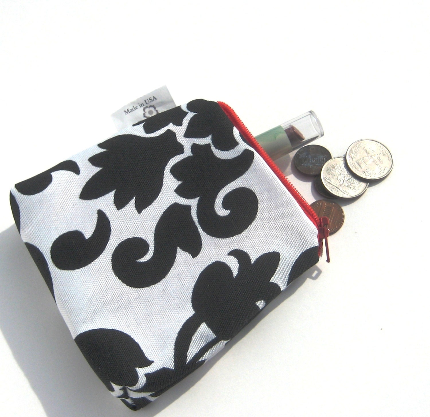 Business Card Holder. Small Pouch Change Purse. Black and White Damask. Zipper Closure. Fabric Lined. Spring/Summer Line.