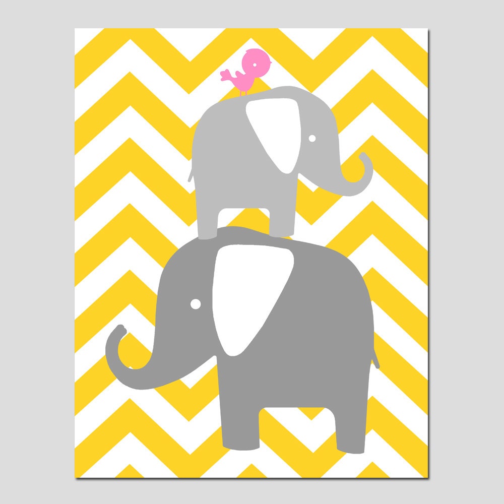 SALE - Chevron Elephant Bird Stack - 11x14 Print - Kids Wall Art - Modern Nursery Decor - Yellow, Gray, Pale Gray, Pink, White