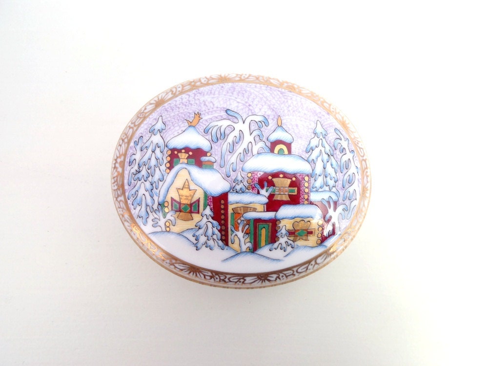 Vintage Russian Porcelain Trinket Box Hand Painted Quaint Snow Scene Trees with Gold Accents Ceramic Dish and Lid Made in Russia