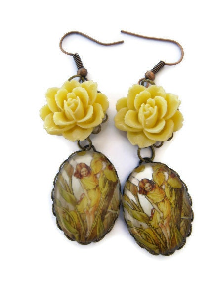 Fairy in the Fields Photo Earrings with Yellow Peony Resin Flowers