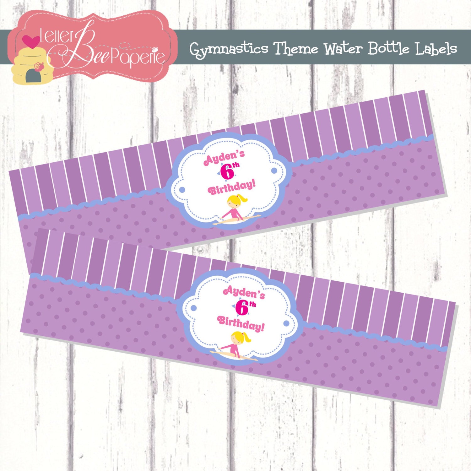 Gymnastics Theme Water Bottle Labels - Printable Digital File - Customize Your Colors