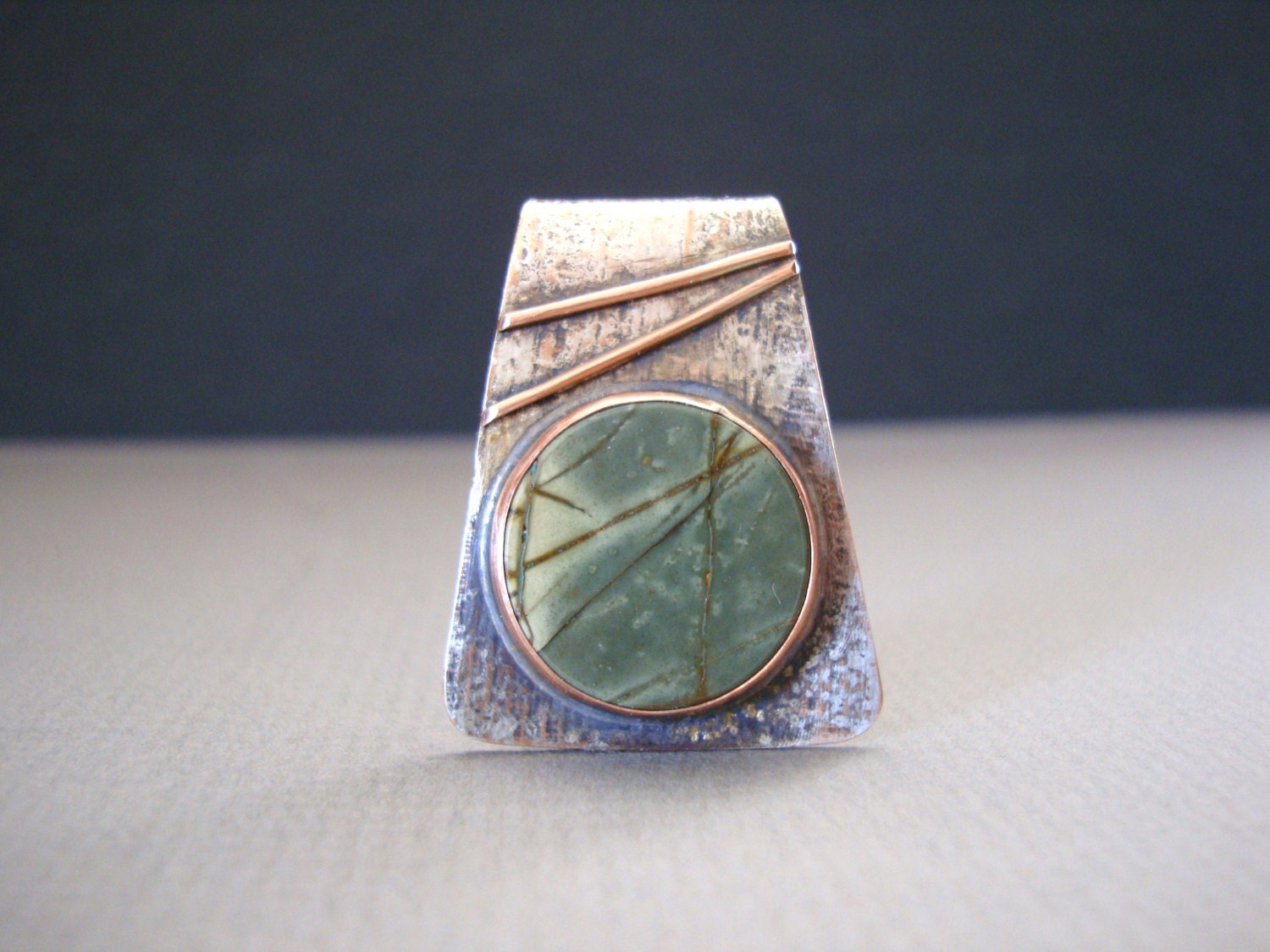 Cherry Creek Royolite set on Reclaimed Silver with Copper
