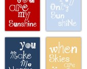 SALE You Are My Sunshine in Red, Navy, Light Blue and Light Yellow 4 prints in 8x10 nursery art, baby shower gift