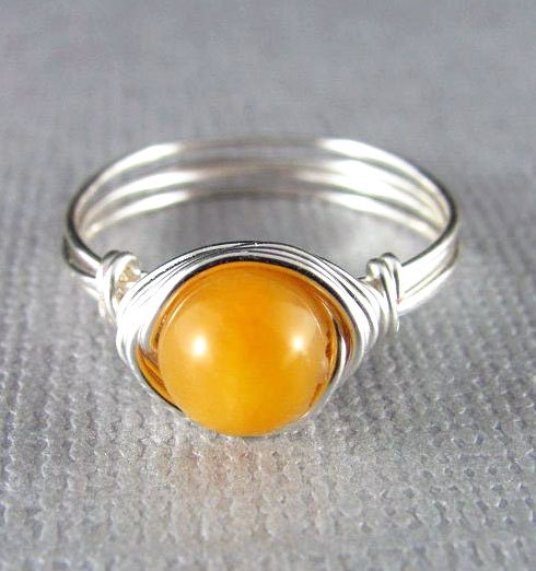 Wire Wrapped Ring Amber Quartzite Gemstone Ring Silver Nickel Free Wire Wrapped Jewelry
