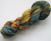 Blue, Gold, and Brown 100% Merino Yarn, 'Captain Jack,' Hand-dyed Aran Weight Yarn, 181 yards