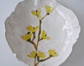 Forsythia Blooms Ceramic Serving Bowl, Hand Painted yellow and white bowl for Spring Decor