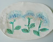 Ceramic Serving Platter, Floral Decor, hand painted plate, hydrangea blooms, Pottery platter, home decor,  pastel pink, aqua and blue