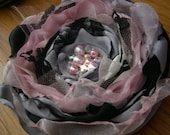 Black, pink and silver fabric flower brooch with crystals and pearls hair accessories hair clip flower brooch