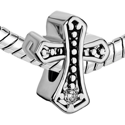 Pugster Silver Plated Clear Rhinestone Cross European Charm Bead (130673)