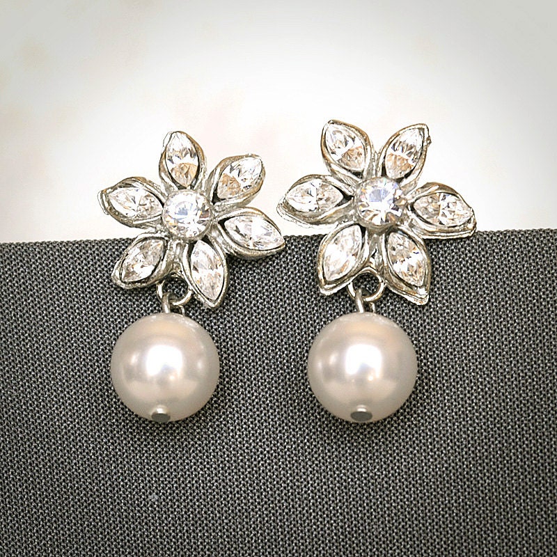 LEWA, Swarovski Crystal and Pearl Wedding Earrings, Oval Rhinestone Flower Bridal Earrings, Vintage Inspired Pearl Drop Wedding Jewelry