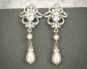 JOLENE, Bridal Earrings, Wedding Earrings, Swarovski Pearl and Crystal Rhinestone Stud Earrings, Oval Marquise Drop Earrings, Bridal Jewelry