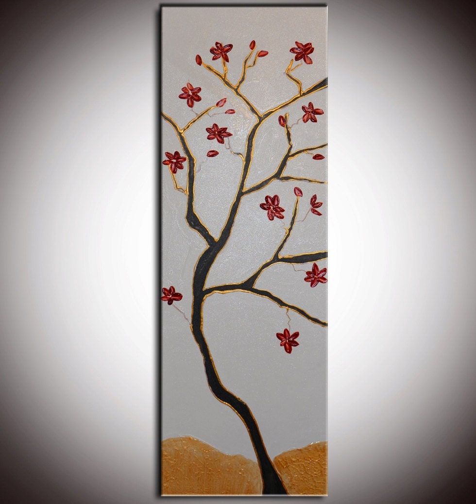 ORIGINAL Red Cherry Flowers Large Zen Abstract Flowers Blossom Tree Painting Thick Texture Ready to Hang 36x12