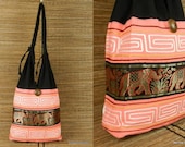 Elephant Parade Cotton Shoulder Bag Purse Hippie Hobo Ethnic Tribal Embroidered in Salmon Pink D3