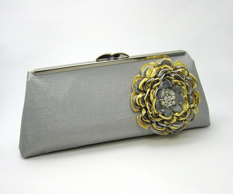 Bridal Clutch - Bridesmaid Bridal Party Clutch Yellow and Gray with Swarovski Pearls and Crystals for Event or Formal Occasion.