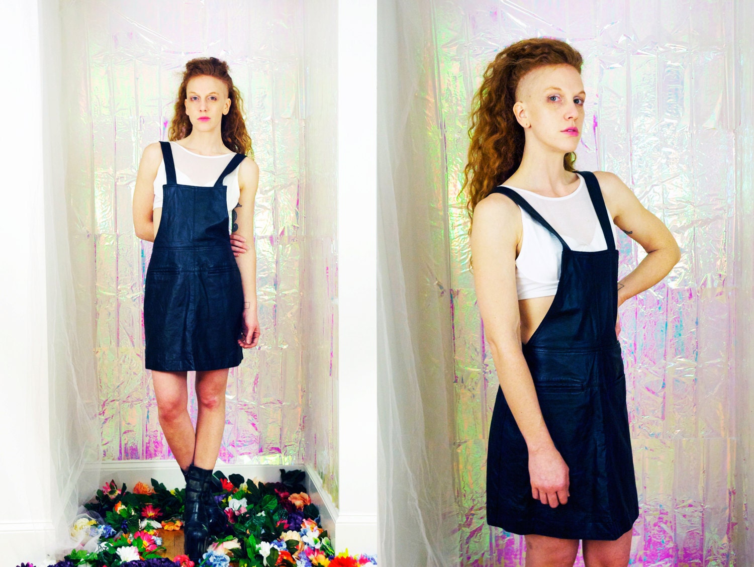 Vtg 90s Black Leather Bib Overall Mini Dress S/M