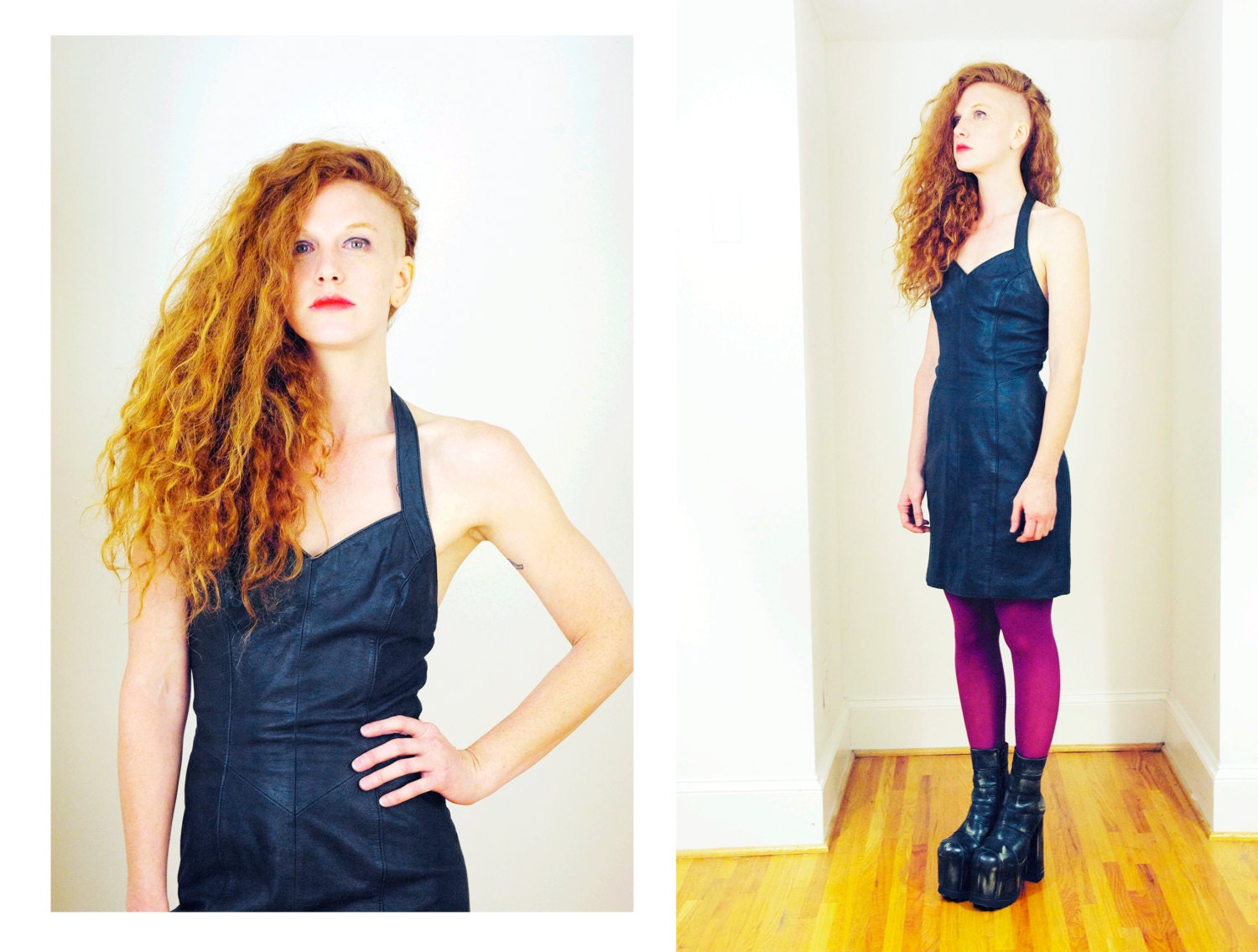 Vtg 90s Black Leather Halter Mini Dress S/M