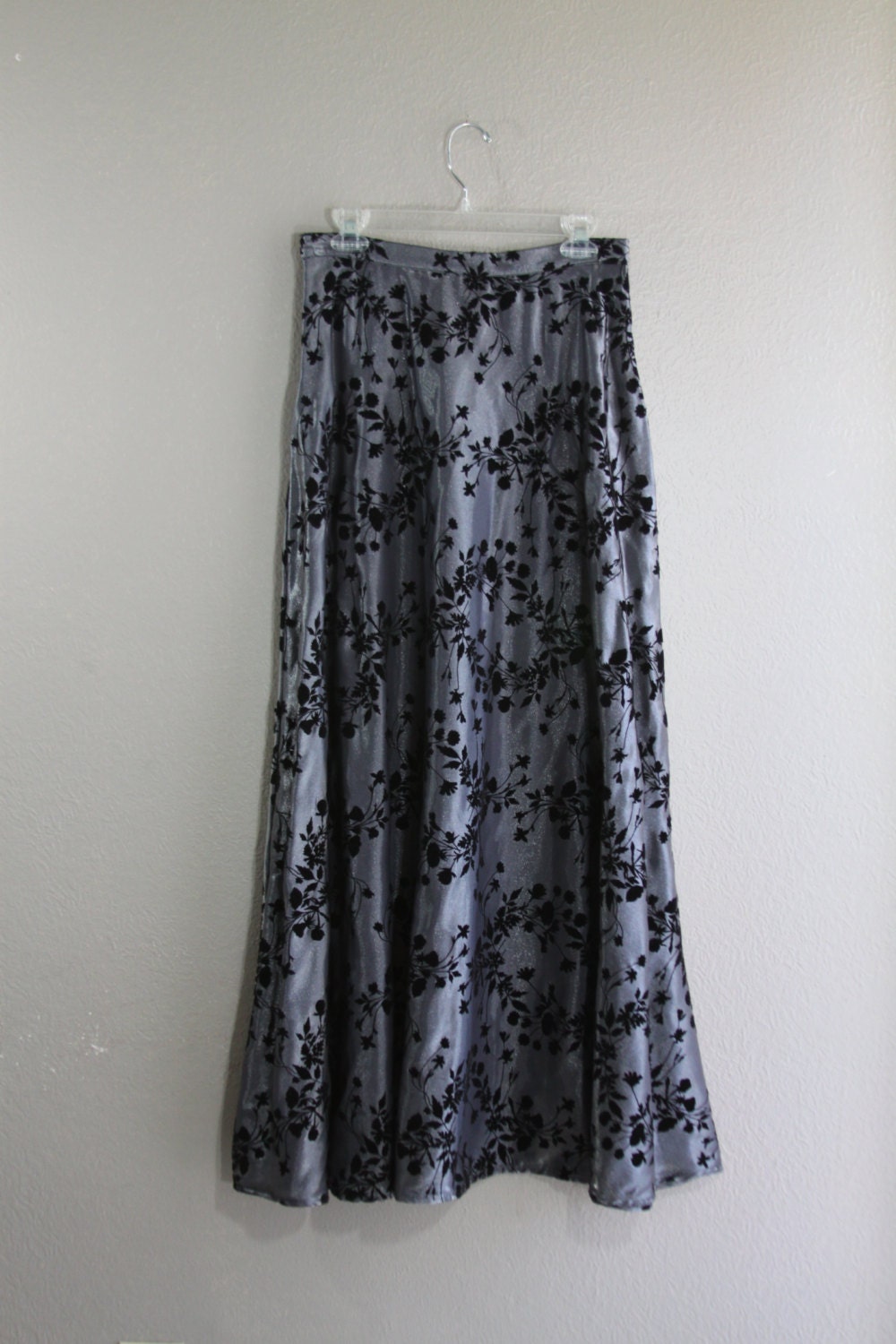 Shiny silver skirt with black velvet brocade like print- ON SALE