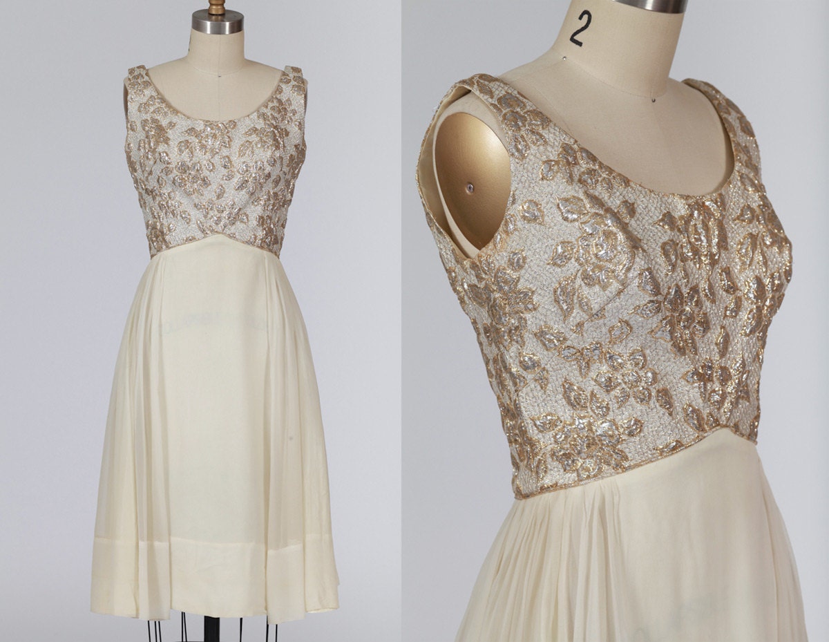 1960s dress/ 60s chiffon dress/ gold brocade
