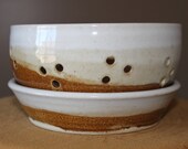 Handmade pottery berry bowl colander and leaf plate in a white and brown with purple haze, bowl and plate set, 4 cup
