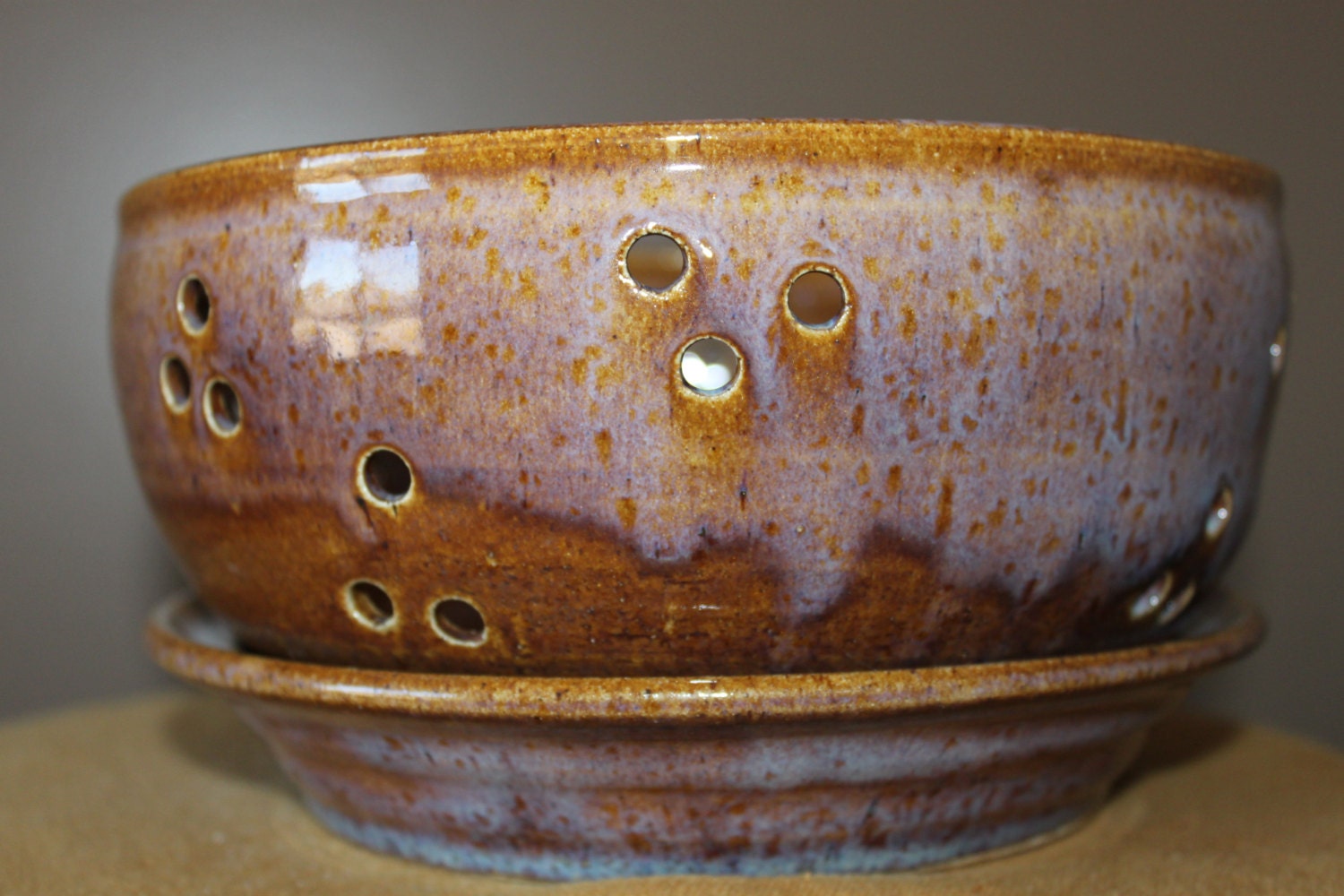 Handmade pottery berry bowl colander and  plate in purple haze, bowl and plate set, 6 cup