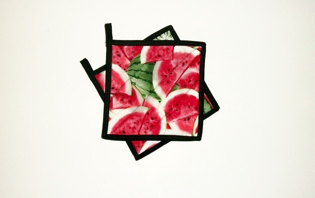 Potholders Watermelon Quilted Red Black Set of 2