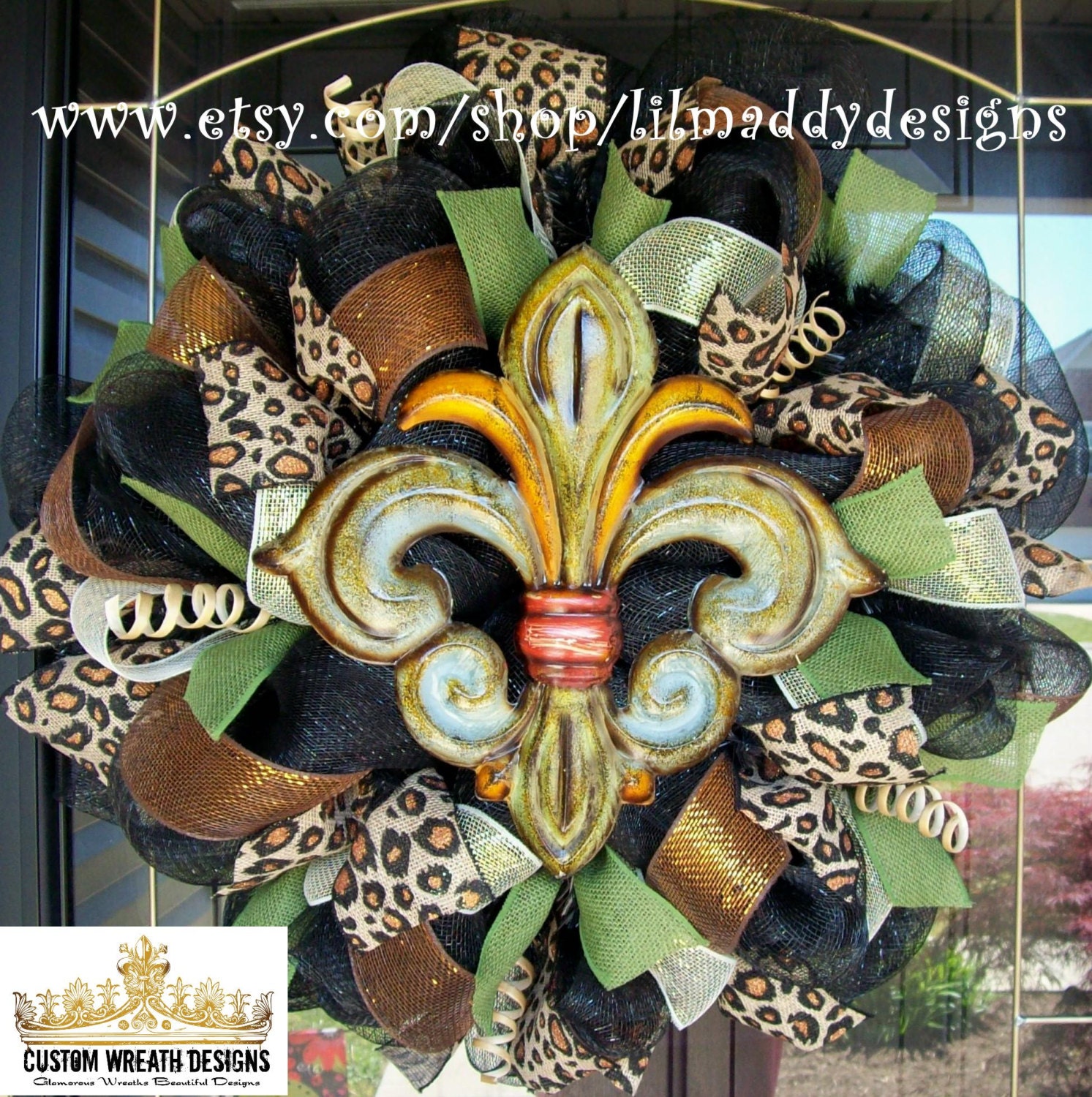 Black Fleur de lis Wreath with Leopard Burlap