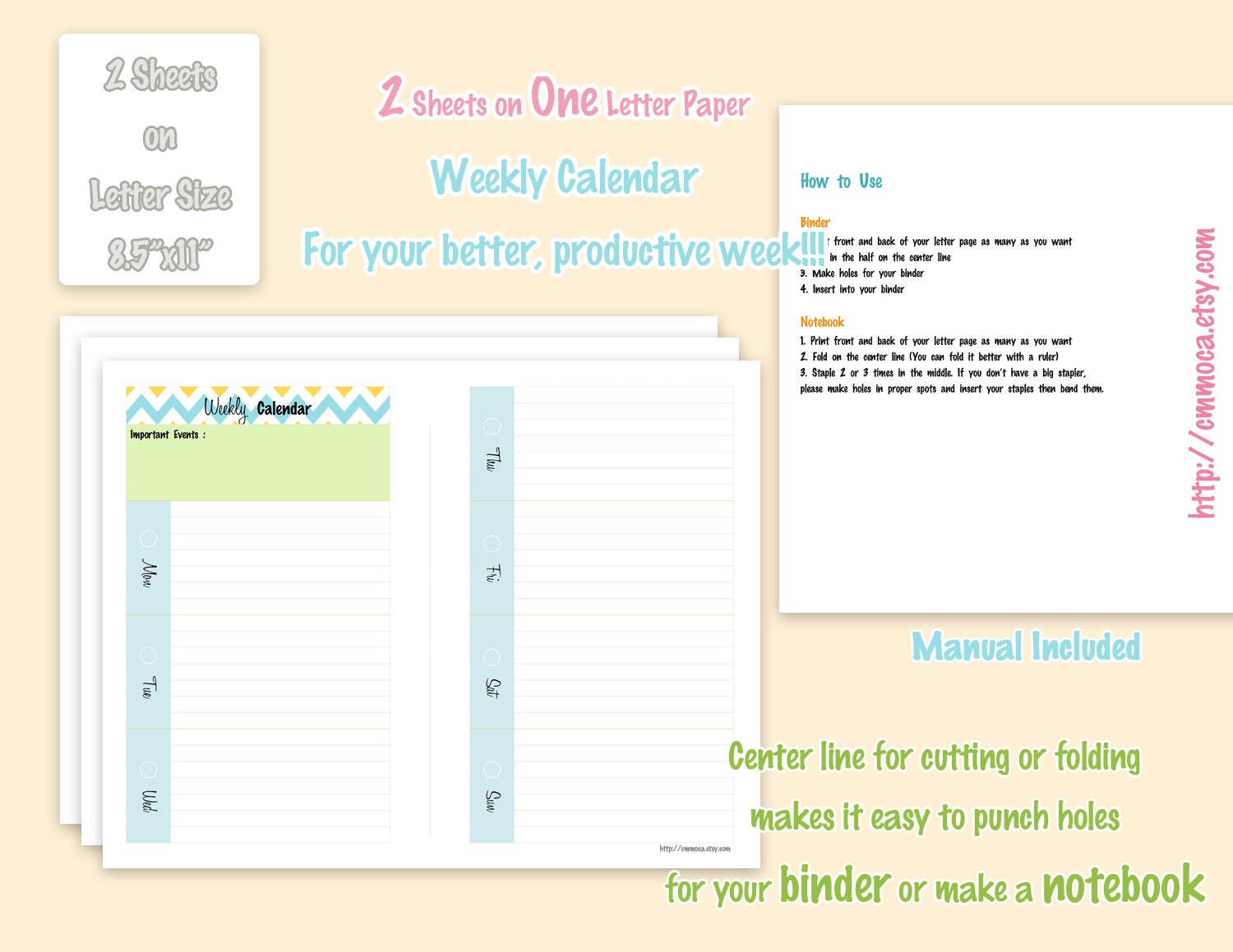 Weekly Calendar/Planner - Half Letter Size - Printable PDF