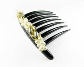 Vintage Black Hair Comb with Faux Pearls and Gold Beads - Peigne à Cheveux.