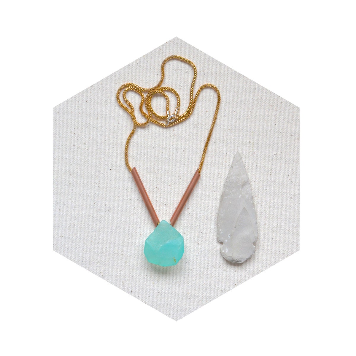 Breakwater Necklace - Chalcedony Drusy with Hand Cut Copper and Vintage Gold Chain