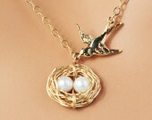Mother's Day Gift - 14k Gold-Fill, Two Egg, Bird Nest Necklace - White Freshwater Pearl Golden Nest of 2 - Grandmother / Mommy of Twin Gift