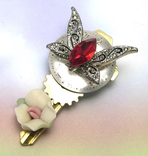 Red Butterfly Brooch, butterfly brooch, butterflies, pin, key, vintage jewelry, watch clock face, watch gear, steampunk butterfly