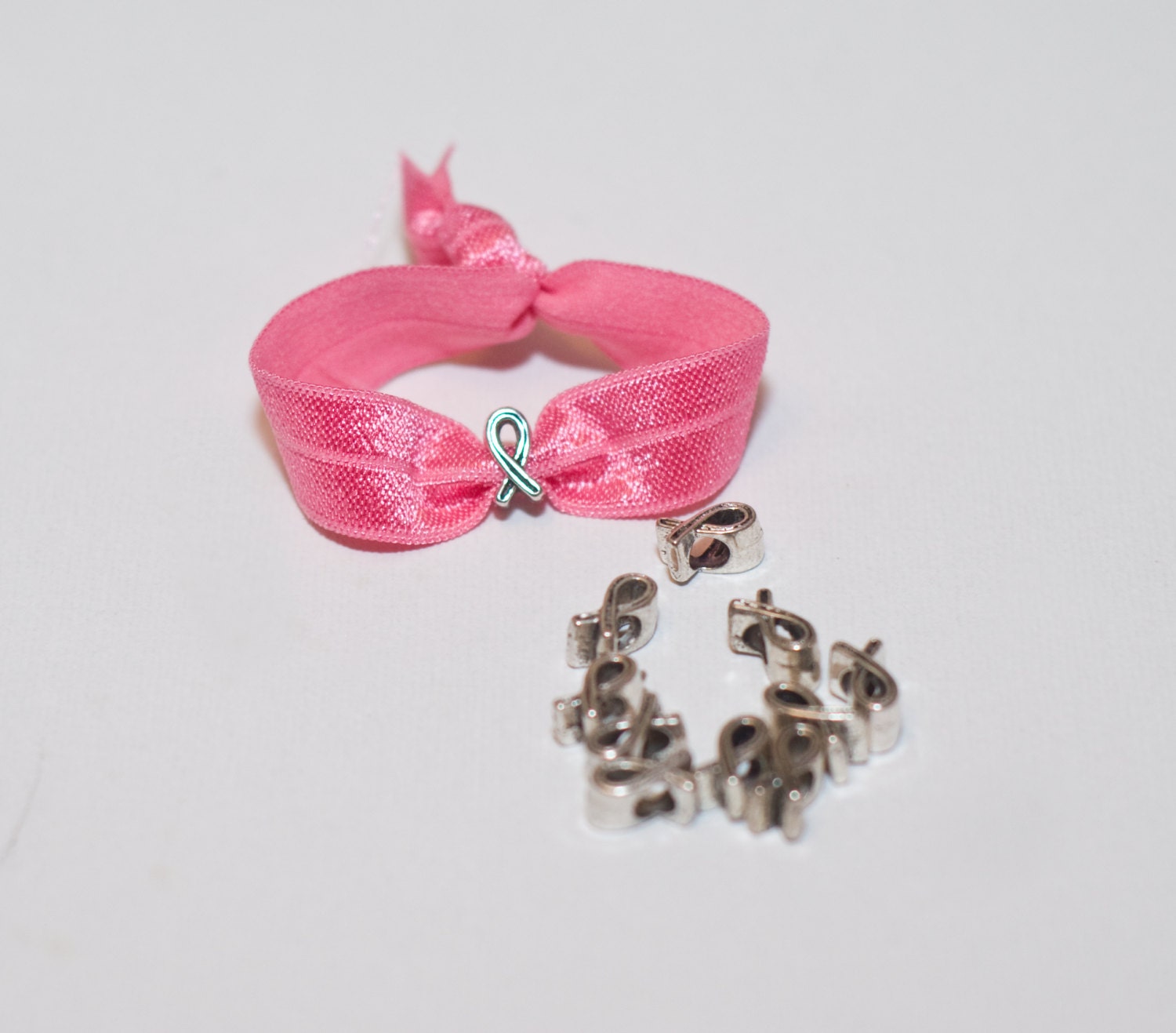 Breast Cancer Awareness Charmed Elastic Cotton Hair Tie / Chic Bohemian Bracelet on Bubblegum Pink