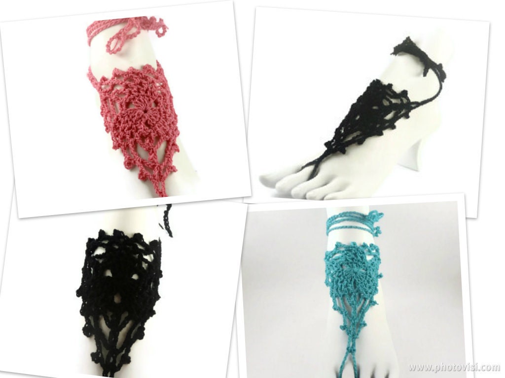 Barefoot Crochet Sandals, Turquoise Black Pink Off White Gypsy Lace Sandals, Crochet Sandals, Beach Anklet Yoga Thong