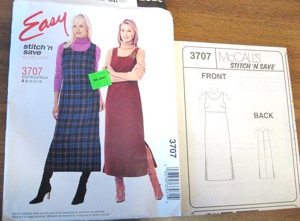 Sleeveless Jumper Dress Bust Darts Back Zipper Women's Easy McCall's Stitch and Save Sewing Pattern 3707 Bust 31.5 32.5 34 36 Factory Folds