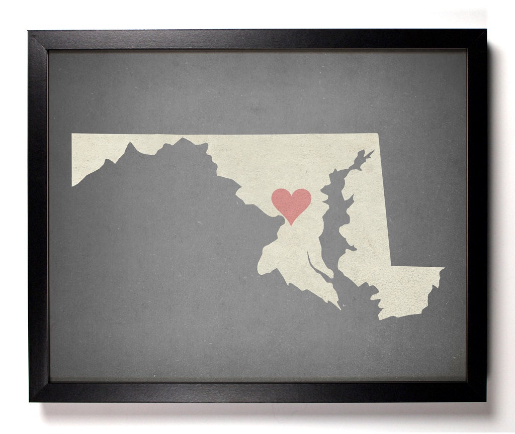 State Love Maryland Print (Pictured in Grey) Giclee, Art Print 8 x 10 Montgomery Baltimore Prince Georges