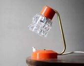 Vintage Lighting. 1960s Small Bedside Table Lamp. Transparent  Ice Glass Shade. Orange and Gold Metal detail.