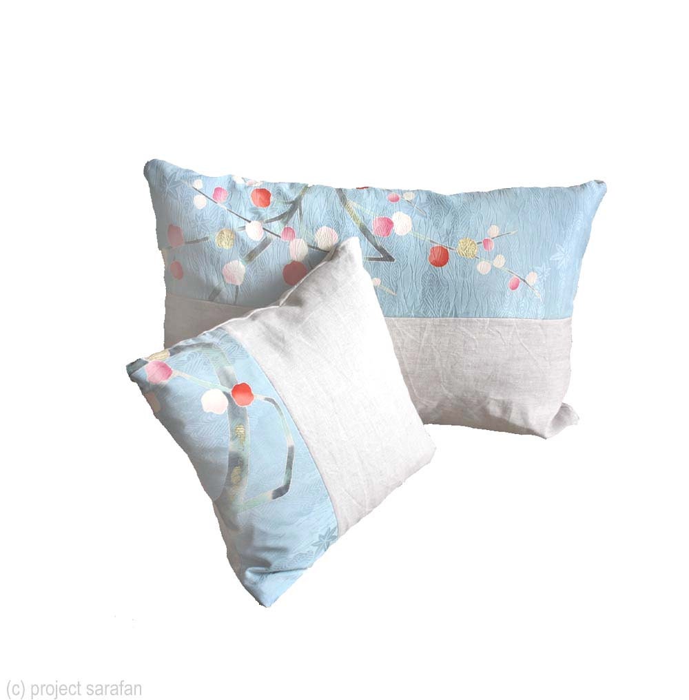 2 for 1: Decorative Pillow Cover in Natural Llinen and  Recycled Rare Vintage Kimono Silk. Mother's Day gift idea - ProjectSarafan