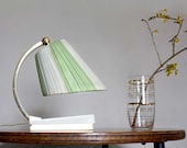Vintage 1950s Lamp. Small Bedside French Lamp, Metal Base, Pastel Green and Beige Stripe Shade. Push Base Button