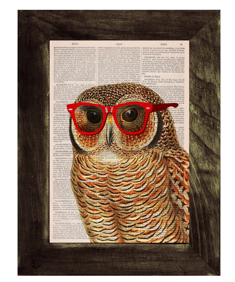 Wall art book print Cool Owl with sunglasses Printed on Vintage Book sheet - Nursery wall art