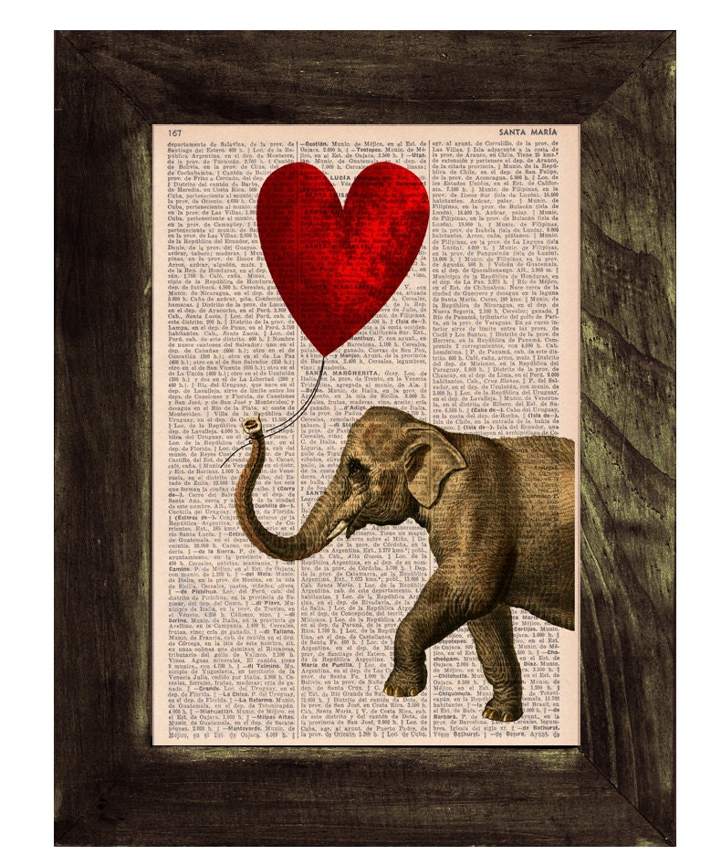 Elephant with a Heart shaped balloon - Love book print  - Elephant in love - Printed over vintage dictionary book page
