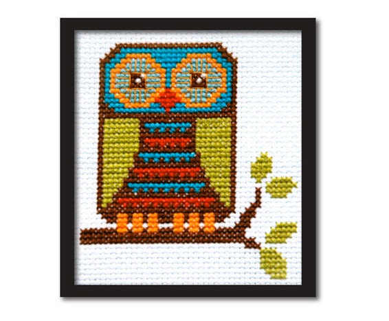cross stitch pattern : cute mod owl tiny modernist counted cross stitch pattern diy